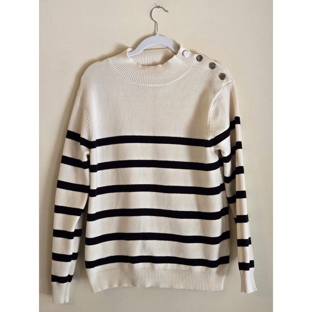 KIRUNDO Women’s M Cream Black Striped Mock Neck Sweater Button Shoulder